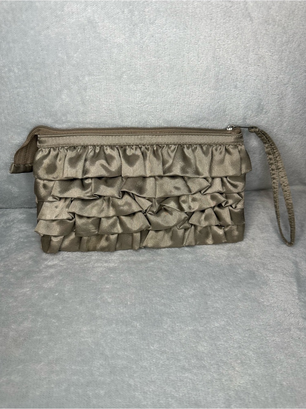 Red Blossom Champagne Satin Ruffle Wristlet Clutch Evening Bag